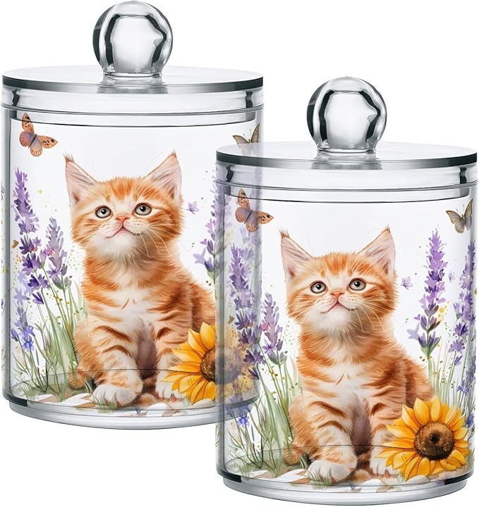 4 Pack Qtip Holder Dispenser Lavender Cat Sunflower Cotton Ball Swab Round Pads Floss Clear Bathroom Storage Containers Plastic Apothecary Jars with Lids