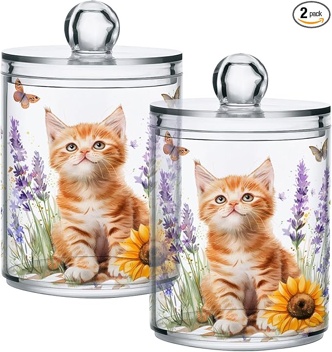2 Pack Qtip Holder Dispenser for Cotton Ball Lavender Cat Sunflower Swab Round Pads Clear Plastic Acrylic Jar Set Bathroom Canister