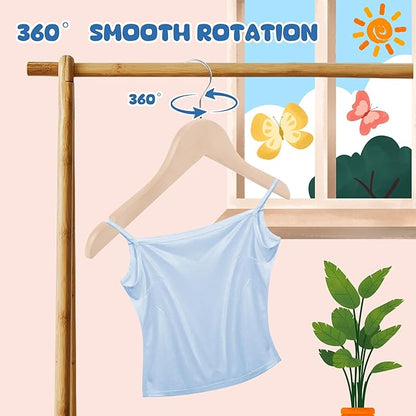 Kids Wood Hangers Without Bar, 24 Pack Baby Children Wooden Hangers with 360° Rotatable Hook for Dress, Coats, and Jacket, Space-Saving Design for Toddler Closet Organization(Natural)