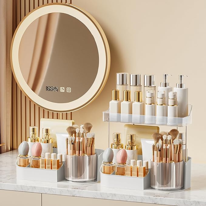 DASITON Large Capacity Makeup Organizer with 360° Rotating Makeup Brush Holder, Perfume and Skincare Storage Organizers for Vanity Bathroom Countertop, Cosmetic Display Case (White, 2 Tier)