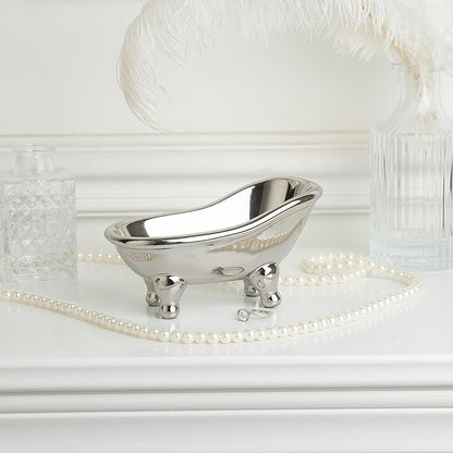5.6" Ceramic Mini Bathtub Soap Dish Decortative Clawfoot Bathroom Soap Dish (Silver)