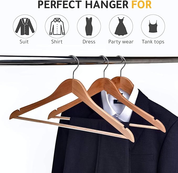 Quality Wooden Hangers - Slightly Curved, Heavy-Duty Coat Hangers with Stylish Chrome Hooks - Natural, 80 Pack Sets