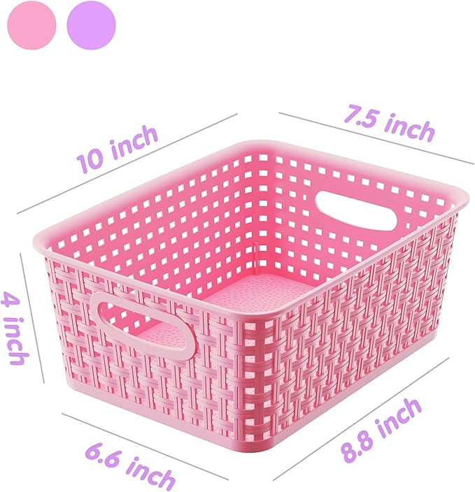 Mixed Color Small Plastic Open Storage Weave Baskets, 6-Pack Versatile Shelf Organizer Woven Baskets for Classrooms, Children's Rooms, and Pantries, Pink/Purple-10x7.5x4 inch