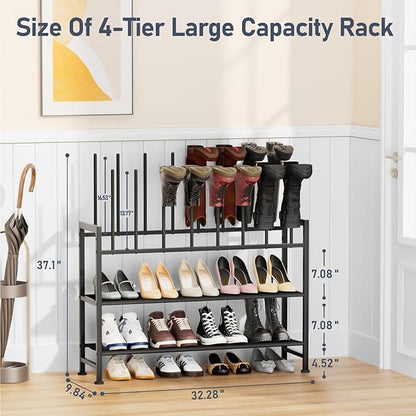 DIMJ Boot Rack 4-Tier - Black Metal Boot Storage Rack for Tall Boots Organizer Tall Boots, Multiuse Shoe Rack for Boots, Sneakers, High-Heel, Entryway, Fit for 8 Pairs, Black