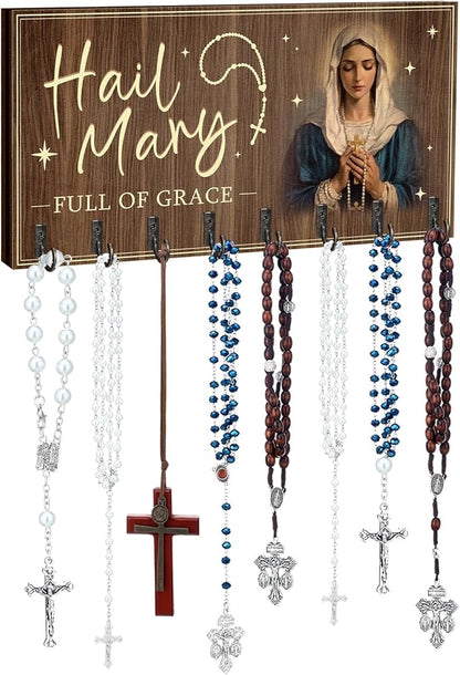 Colingmill Large Wooden Rosary Holder Wall Mounted with 8 Hangers Catholic Rosary Storage Organizer Decorative Hanger Holder for Necklace, Bracelet Prayer Storage(Classic)