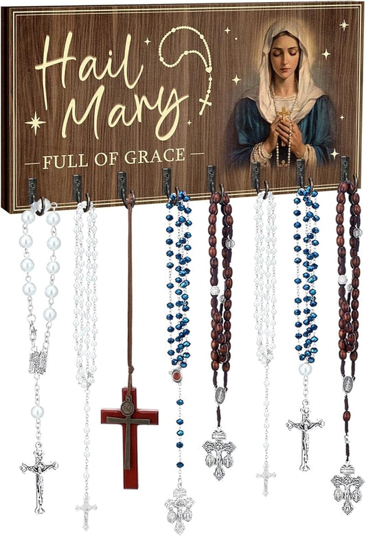 Colingmill Large Wooden Rosary Holder Wall Mounted with 8 Hangers Catholic Rosary Storage Organizer Decorative Hanger Holder for Necklace, Bracelet Prayer Storage(Classic)