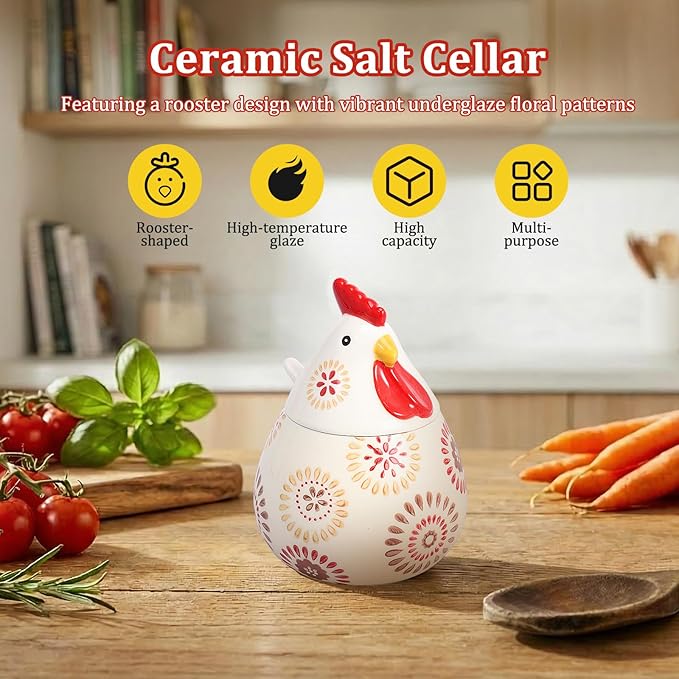Ceramic Salt Cellar with Lid and Spoon,17oz Large Chicken Rooster Cookie Jar Salt Containers Holder for Countertop Spices,Cute Farmhouse Kitchen Decor,Spice Jar for Coffee,Sugar,Spices,Candies (#C)