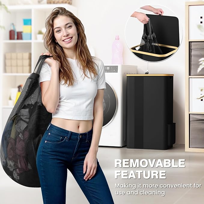BlissTotes Laundry Basket with Lid, 100L Clothes Laundry Hamper with Handles and Removable Laundry Bag, Breathable Design Hamper with Lid for Bedroom, Bathroom, Dorm, Laundry Room - Black