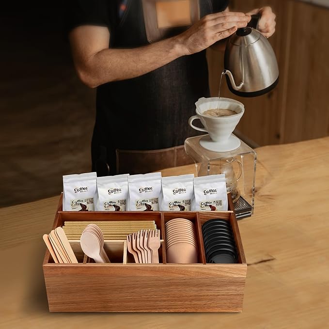 Acacia Wood Utensil Holder for Party, Paper Plate Organizer Silverware Caddy with 6 Compartments for Plate, Cup, Fork, Spoon, Cutlery Holder Countertop for Kitchen Camping Buffet