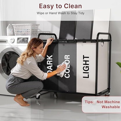 180L Laundry Sorter 3 Section – Heavy Duty Rolling Laundry Basket with Lockable Wheels and Lid, 3 Large Separate Removable Bags, Laundry Hamper Cart for Laundry Room Organizer (Multicolor)