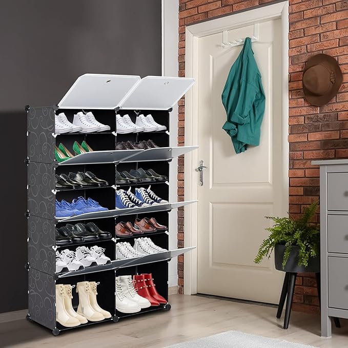 14 Cubes Shoe Rack,Portable Shoe Rack Organizer,Stackable Detachable Free Standing Shoe Rack,Plastic Shoe Storage Cabinet,Shoe Storage Boxes,with Doors,for Closet, Hallway, Bedroom, Entryway (Black)