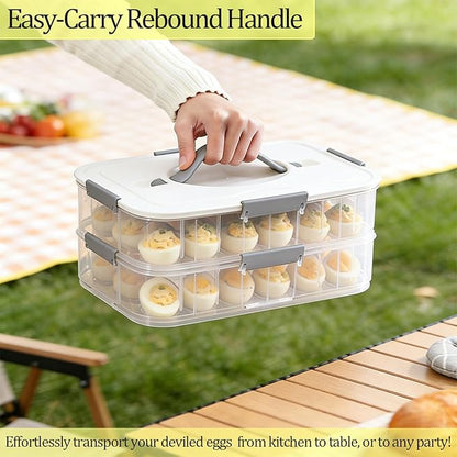 VitalYang Deviled Egg Container with Lid, Double Layer Egg Container, 36 Count Deviled Egg Tray- Secure Lock & Handle, Stackable, Leak-Proof Design for Parties & Catering, White