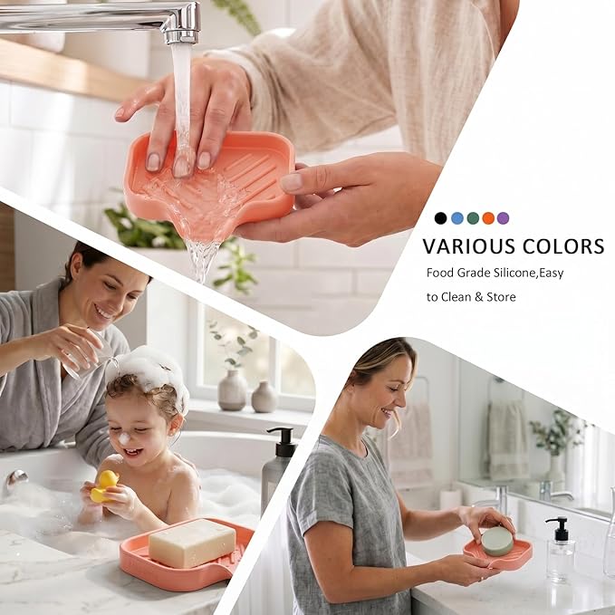 MicoYang Silicone Bathroom Soap Dishes with Drain Spout-Bathroom and Kitchen Sink Organizer,Sponge Holder,Dish Soap Tray,Perfect for Dispenser,Scrubber,Bottle,Cup on Sink or Counter-Pink 4.9"×3.2"
