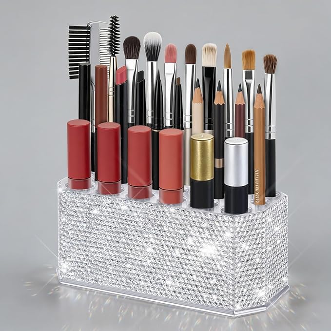 Bling Acrylic Makeup Eyeliner Lip Liner Holder Organizer with Glitter Rhinestone, 26 Spaces