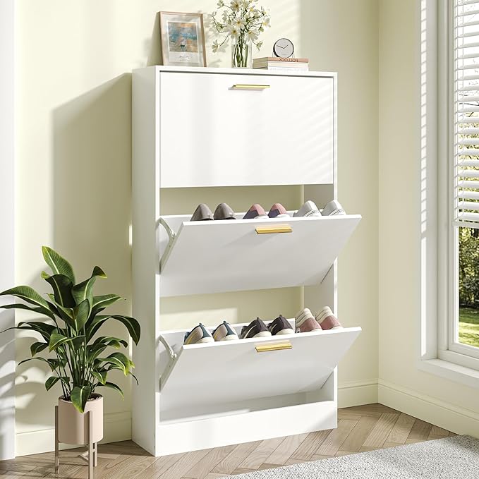 JOZZBY Shoe Storage Cabinet with 3 Flip Drawers, Freestanding Narrow Slim Shoe Organizer Cabinet Rack for Entryway Hallway, Living Room，White