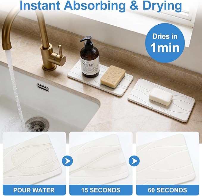 2Pcs Water Absorbing Stone Drying Tray for Bathroom Sink Counter Decor Kitchen Soap Dish Dispenser Trays Sponge Holder White Bathroom Vanity Tray Fast Quick Diatomite Stone Drying Mat for Kitchen Sink
