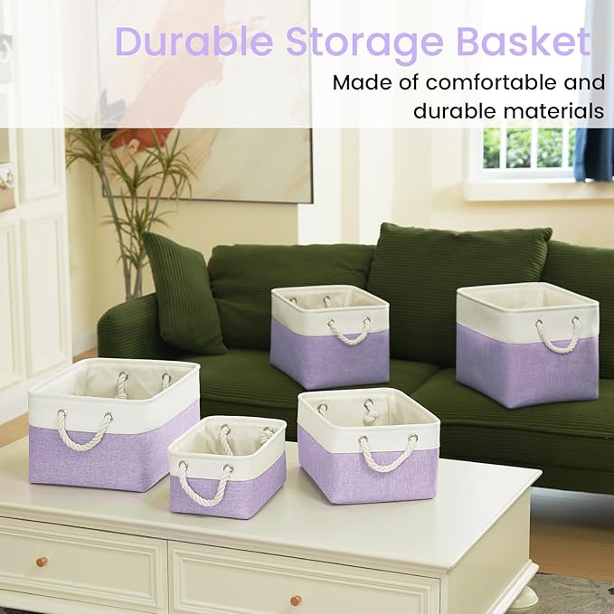 Large Storage Baskets- 15x11x10 inch Storage Bins for Shelves and Closet Organizing, Foldable Fabric Bin for Home Organization Clothes and Laundry (3-Pack, White&Purple)