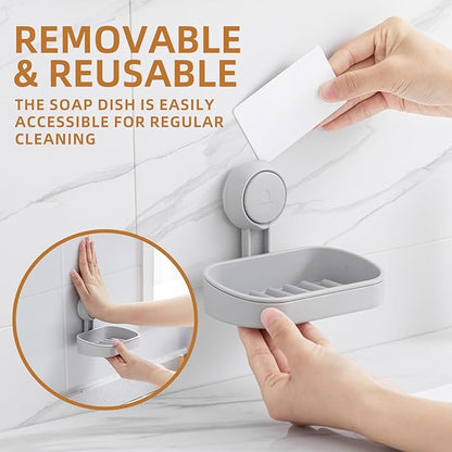 LEVERLOC Soap Dish Holder for Shower Suction Cup Wall Mounted Self Draining NO-Drilling Removable Bar Soap Sponge Holder for Bathroom Bathtub Kitchen Sink Waterproof Strong Vacuum Suction, Grey