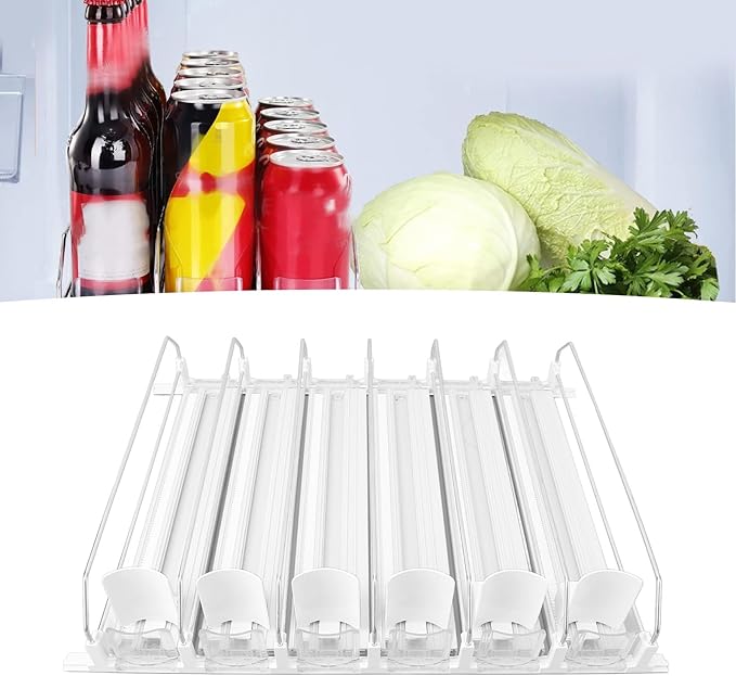 Drink for Fridge Slide Rail Can Dispenser Holds 6 Rows of Soda Beer Beverages Easy Loading System with Dampener Glide for Stable Push No Tools Assembly