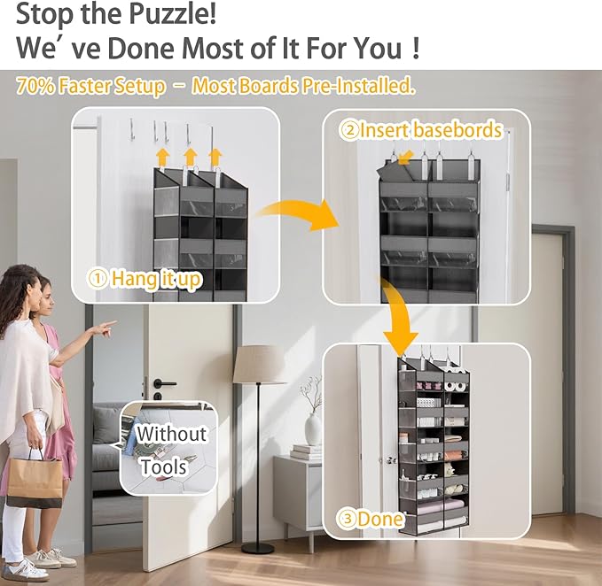 Over The Door Organizer with 5 Shelves, 9 Compartments + 10 Side Pockets, 90+ lbs Weight Capacity, Heavy-Duty Behind the Door Organizer Hanging Closet Organizer and Storage for Room Essentials (Grey)