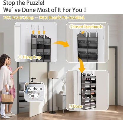 Over The Door Organizer with 5 Shelves, 9 Compartments + 10 Side Pockets, 90+ lbs Weight Capacity, Heavy-Duty Behind the Door Organizer Hanging Closet Organizer and Storage for Room Essentials (Grey)
