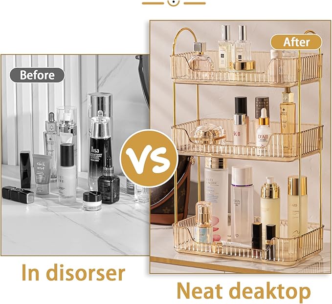 shuang qing 3 Tier Bathroom Counter Organizer Countertop Storage, Cosmetics Skincare Shelf Organizer, Makeup Organizer Perfume for Dresser Vanity Tray, Spice Rack Organizer for Kitchen - Gold