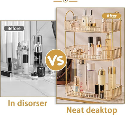 shuang qing 3 Tier Bathroom Counter Organizer Countertop Storage, Cosmetics Skincare Shelf Organizer, Makeup Organizer Perfume for Dresser Vanity Tray, Spice Rack Organizer for Kitchen - Gold