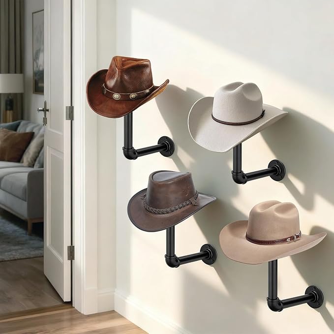 3PCS Metal Pipe Cowboy Hat Rack Wall Mount, Wooden Western Rustic Metal Hanger, Wall Mounted Helmet Holder for Multifunctional Display Hanger Stand for Cap Wig Hats, Fedora, Sun Hats