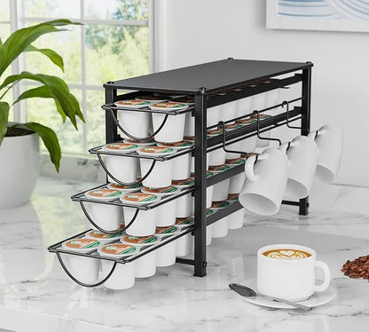 HFHOME Coffee Pod Organizer for Countertop, 4-Tier Metal Storage Drawer, Holds 56 Capsules, Coffee Station Holder for Kitchen, Office, or Home, 3 cup rack, Black