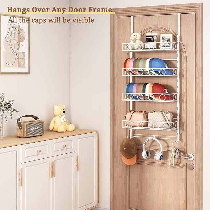 Over Door Hat Organizer 5 Tier Wall Mounted Hat Rack with 4 Adjustable Metal Basket and 3 Hooks Hat Organizer for Baseball caps Hat Hanger Holder Display for Door Closet Cap Organizer Storage
