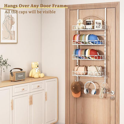 Over Door Hat Organizer 5 Tier Wall Mounted Hat Rack with 4 Adjustable Metal Basket and 3 Hooks Hat Organizer for Baseball caps Hat Hanger Holder Display for Door Closet Cap Organizer Storage