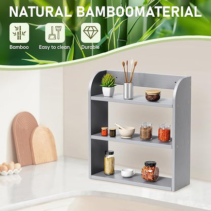ROMGUAR CRAFT 3 Tier Bamboo Spice Rack, Countertop or Wall Mounting Wood Spice Jars Organizer Shelf for Kitche, Pantry (Grey)