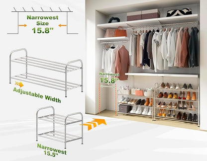2-Tier Expandable Shoe Rack - 100% Stainless Steel,4-Rod Extendable & Adjustable Feet | Simple Stretchable Space-Saving Shelf for Small Space Closet Entryway (15" to 27", Silver)