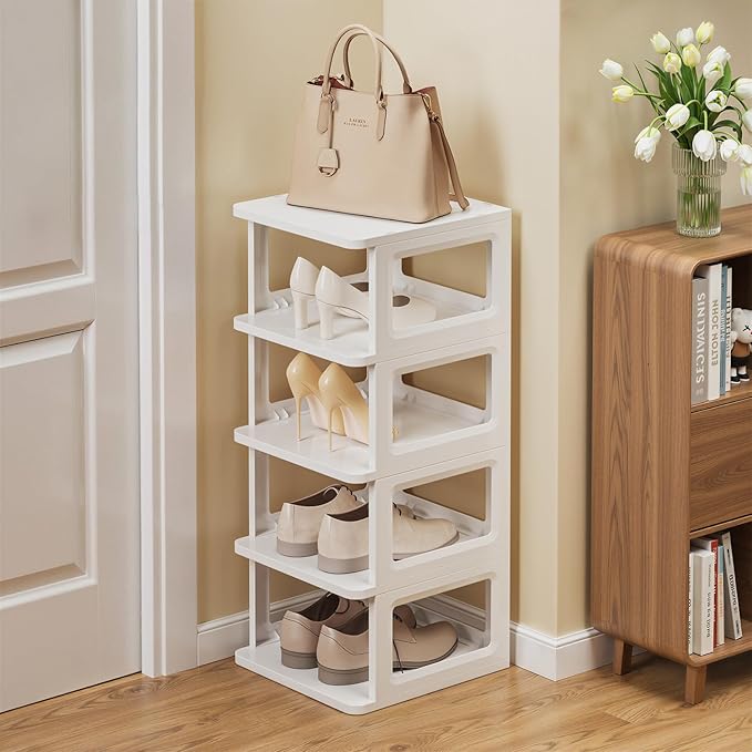 SEE SPRING 5-Tier Stackable Shoe Rack Organizer – Plastic Shoe Storage Shelf for Entryway, Closet, Bedroom – Holds Size 13 Shoes, Space-Saving & Sturdy (White)