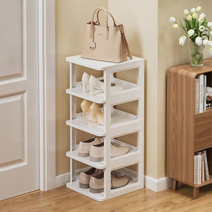 SEE SPRING 5-Tier Stackable Shoe Rack Organizer – Plastic Shoe Storage Shelf for Entryway, Closet, Bedroom – Holds Size 13 Shoes, Space-Saving & Sturdy (White)