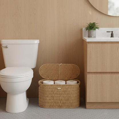 Coeusy Toilet Paper Basket with Lid,Paper Rope Decor Basket for Bathroom Organizers and Storage,Holds Up to 6 Mega Rolls,Decorative Hand-Woven Bathroom Bedroom Living Room Decor