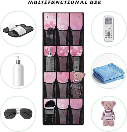 Cherry Blossom Over the Door Shoe Organizer,Shoe Organizer Door Hanger,Space Saver Shoes Hanger Storage Organizer Bag with 12 Mesh Large Pockets