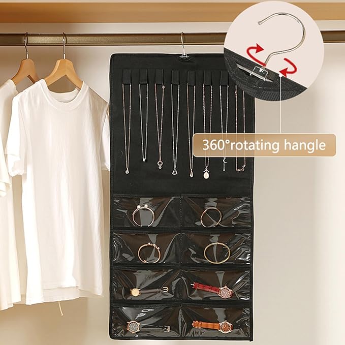 Hanging Jewelry Organizer Pockets Canvas Double Sided Rotating Hanger Necklace Hanging Wall Organizer Jewelry Roll for Earrings, Necklaces,Sunglasses,rings (Beige)