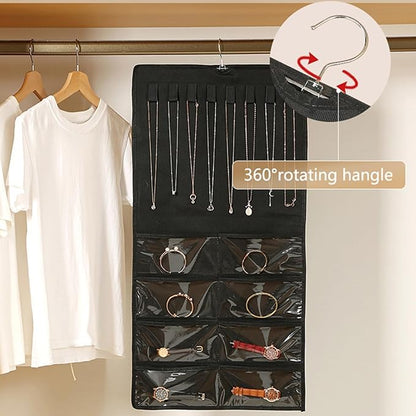 Hanging Jewelry Organizer Pockets Canvas Double Sided Rotating Hanger Necklace Hanging Wall Organizer Jewelry Roll for Earrings, Necklaces,Sunglasses,rings (Beige)