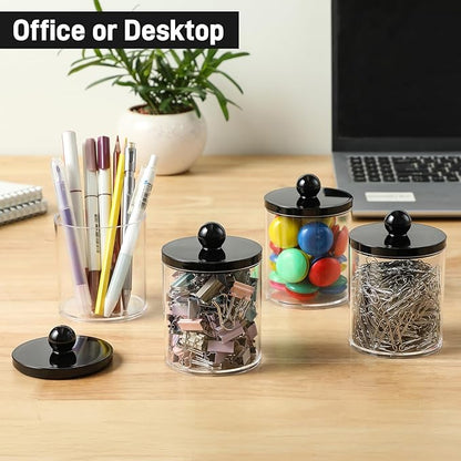 4 Pcs, Acrylic Qtip Holder Dispenser for Cotton Swab, Ball, Round Pads, Floss Picks - Plastic Apothecary Jar Set, Bathroom Canister Decor Storage Accessories, Vanity Makeup Organizer - Clear & Black