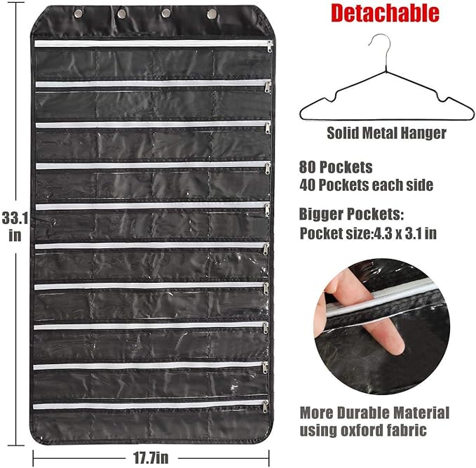 BB Brotrade Hanging Jewelry Organizer with Oxford Double Side 80 Zippered Storage Pocket (Black)