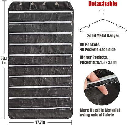 BB Brotrade Hanging Jewelry Organizer with Oxford Double Side 80 Zippered Storage Pocket (Black)