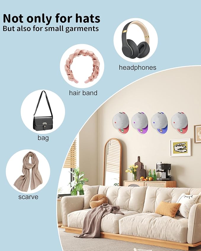 Adhesive Hat Hooks for Wall, Baseball Caps Strong Holdr, Ball Cap Hanger Wall Mount, Hat Display Rack, Hat Organizer Accessories, White 4-Pack