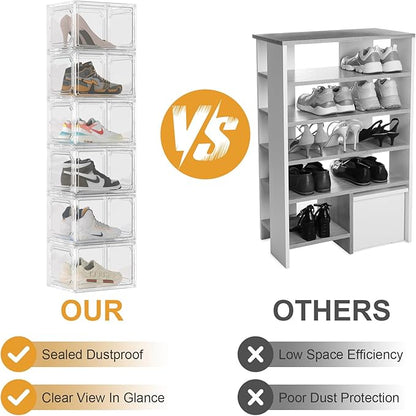 Shoe Box,Set of 6,Stackable Plastic Clear Shoe Box Organizer with Magnetic Door,Shoe Storage Box Thicken Sturdy,Easy Assembly,Fit up to US Size(Side opening door, Clear)