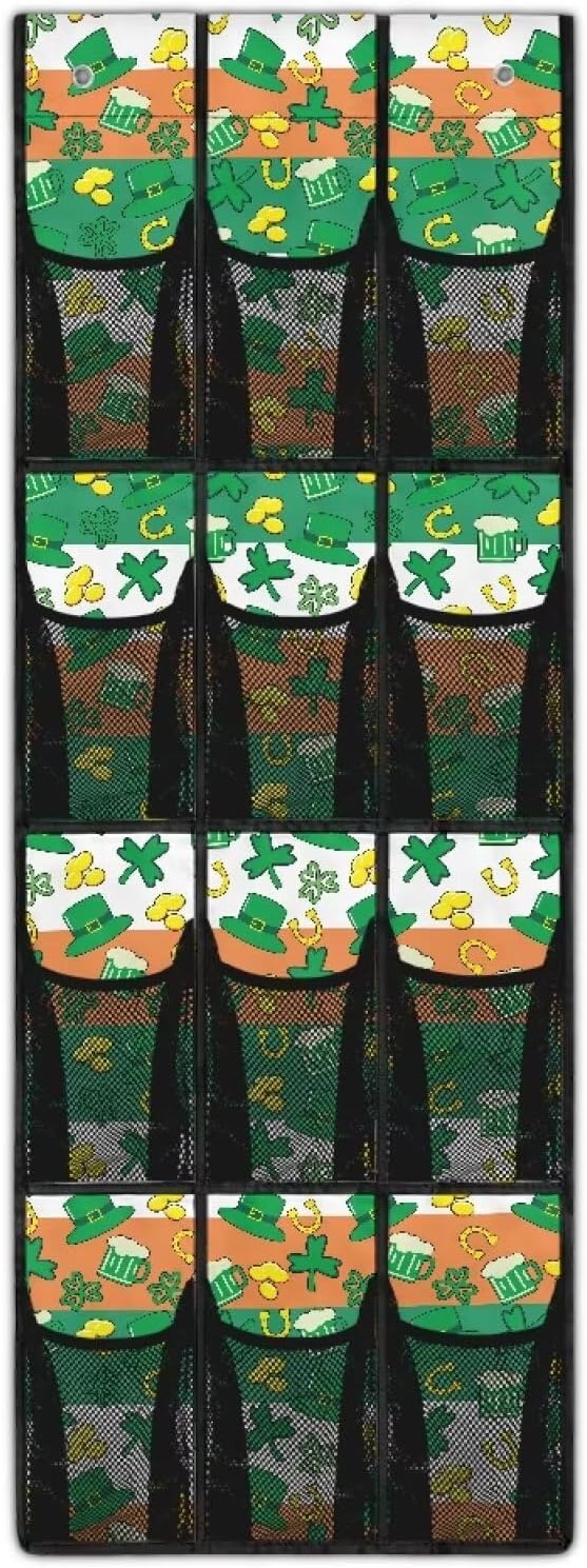 12-Compartment Over The Door Hanging Storage Bag, Waterproof Dirt-Resistant and Easy to Fold for Compact Storage, Lucky Leaf Green Hat Gold Coins Horseshoe Irish Flag