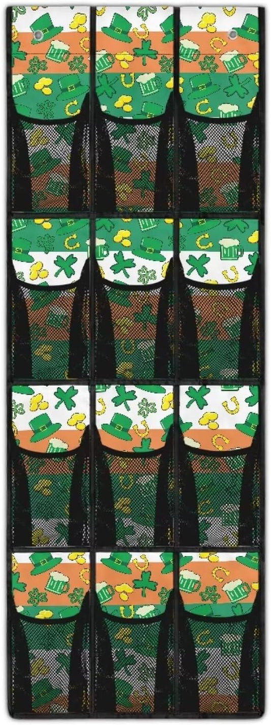 12-Compartment Over The Door Hanging Storage Bag, Waterproof Dirt-Resistant and Easy to Fold for Compact Storage, Lucky Leaf Green Hat Gold Coins Horseshoe Irish Flag