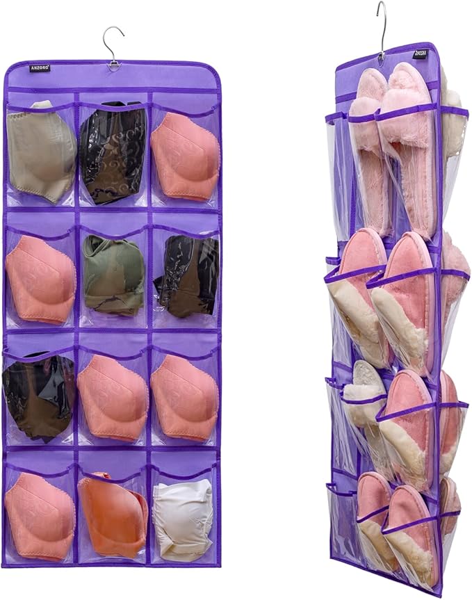 Dual Sided Hanging Shoe Organizer for Closet with Rotating Hanger Hanging Shoe Rack Holder with 24 Large Pockets (Purple-Clear Pockets)