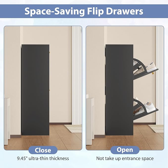 Shoe Cabinet Storage for Entryway, White Shoe Organizer with 2 Flip Drawers & Open Shelf, Freestanding Hidden Large Shoe Storage Cabinet (1pc-Black, 2 Flip Drawers)