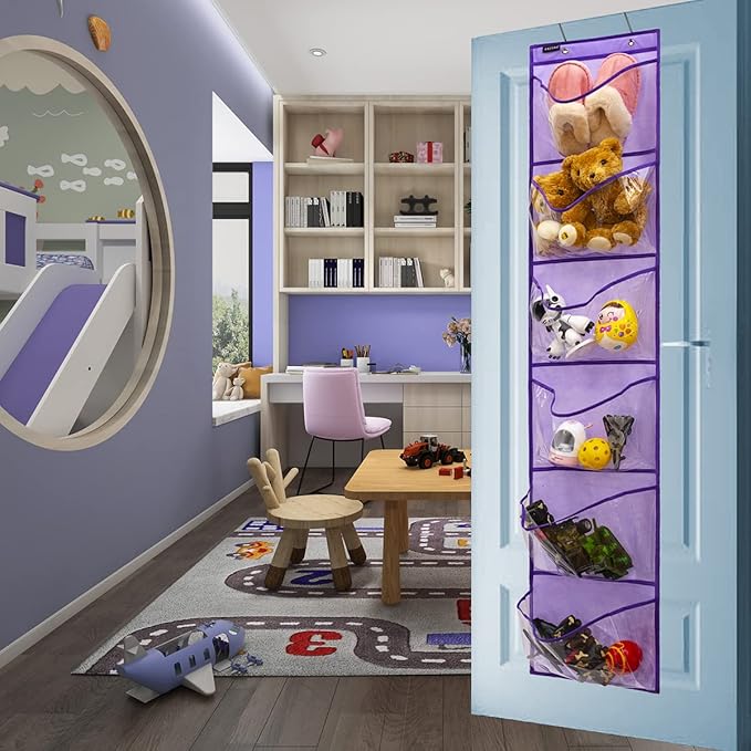 Extra Large Pockets Shoe Organizer for Closet Over The Narrow Door Hanging Shoe Holder Storage (6 Large Pockets-Purple)