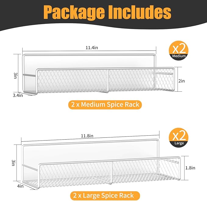 DTUQYX Magnetic Spice Rack for Refrigerator, 4 Pack 100% Metal Strong Magnet Fridge Shelves, Space Saving Spice Organizer, No Drilling Moveable Home Kitchen Laundry Room Storage Organization, White